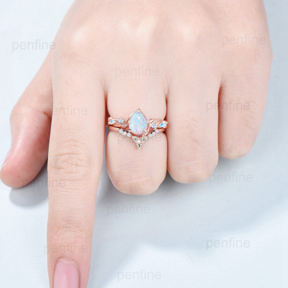 Vintage Pear White Opal Engagement Ring Set Marquise Moonstone Five Stone Fire Opal Wedding Set Art Deco Norse Viking Emerald Stacking Band - PENFINE
