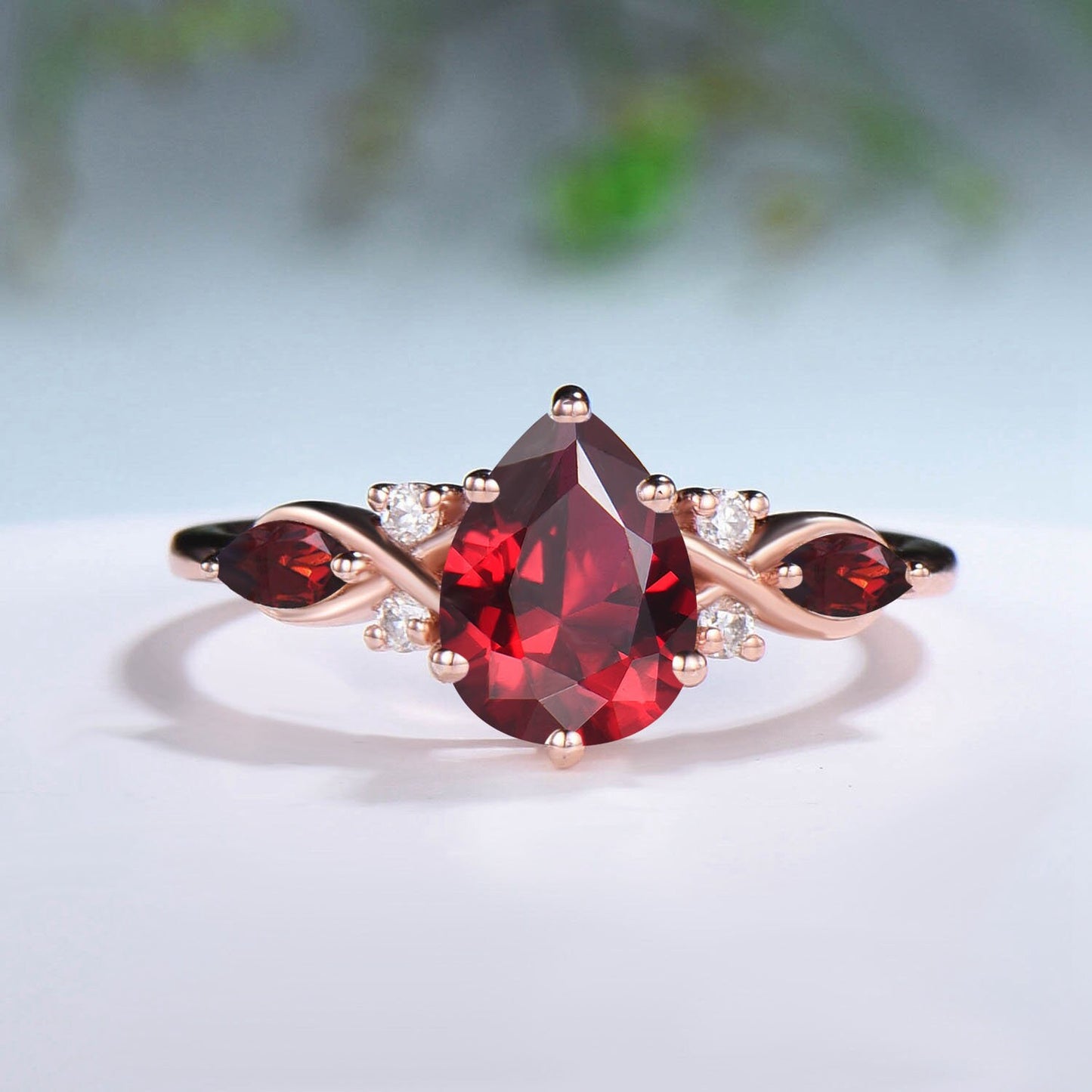Vintage pear shaped garnet engagement ring set 14k rose gold marquise cut garnet ring for women unique January birthstone bridal ring set - PENFINE