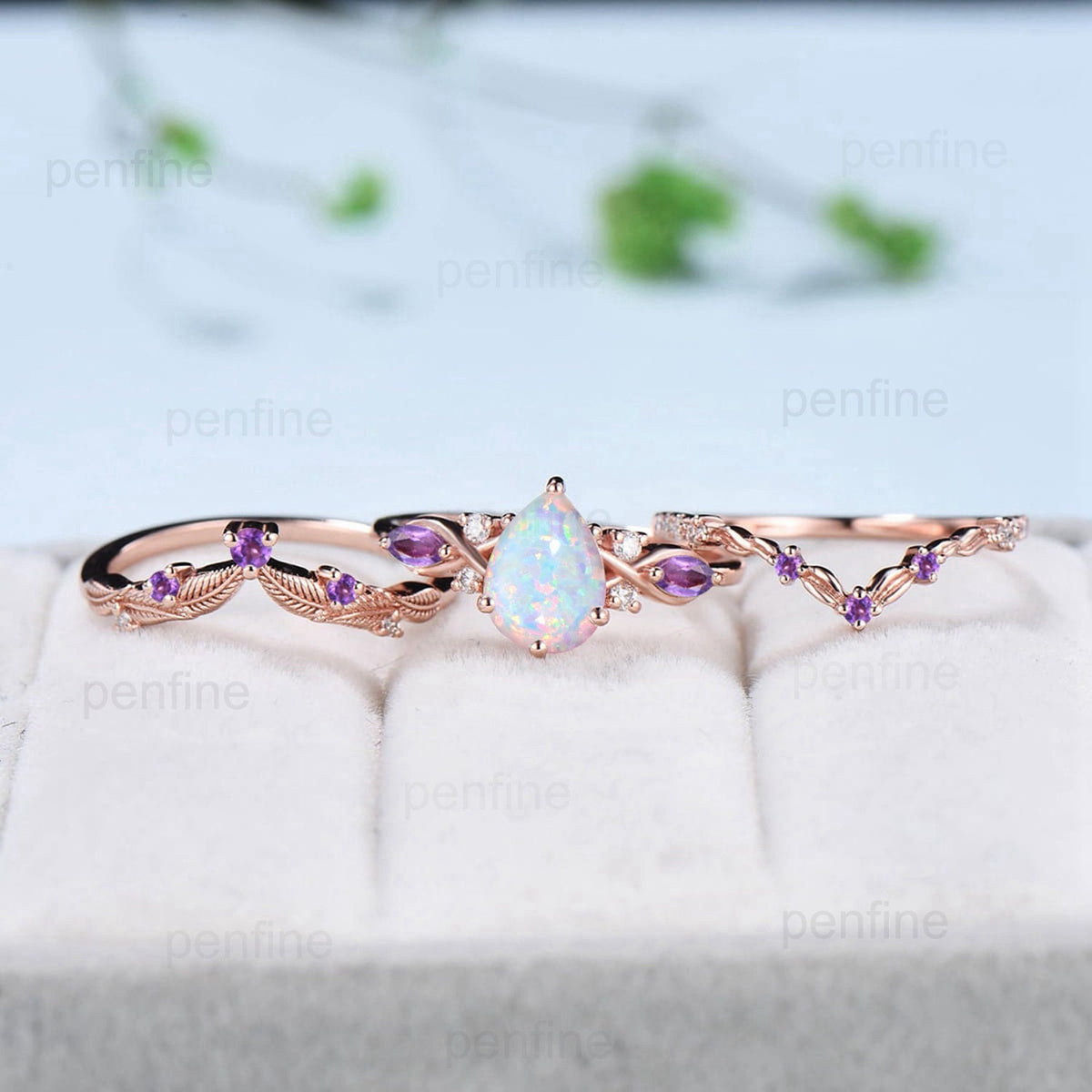 Vintage Pear Opal Engagement Ring Set Seven Stone Fire Opal Amethyst Wedding Set Art Deco Leaf Vine Emerald Stacking Handmade Bridal Set - PENFINE