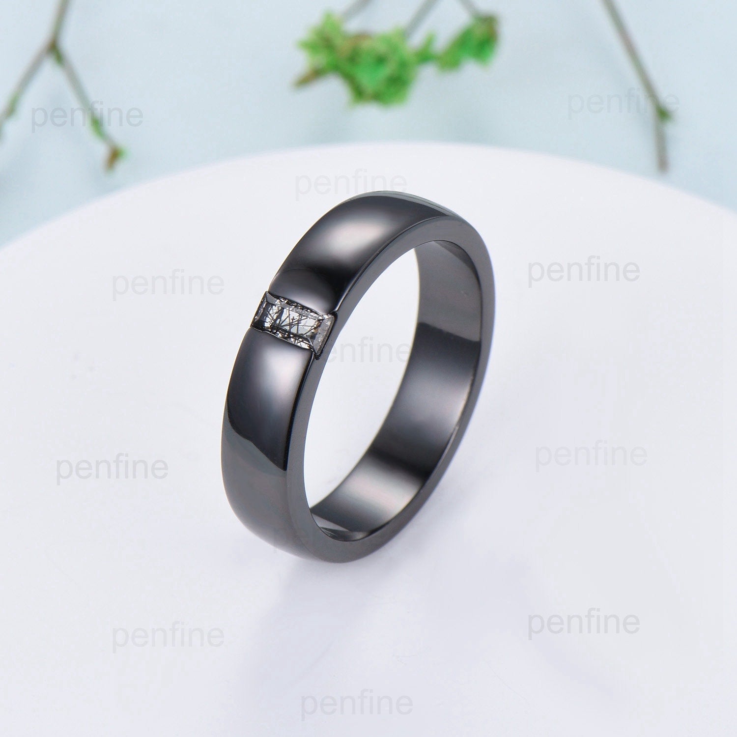 Black Gold Black Rutilated Quartz Men Wedding Band Baguette Black Ston –  PENFINE