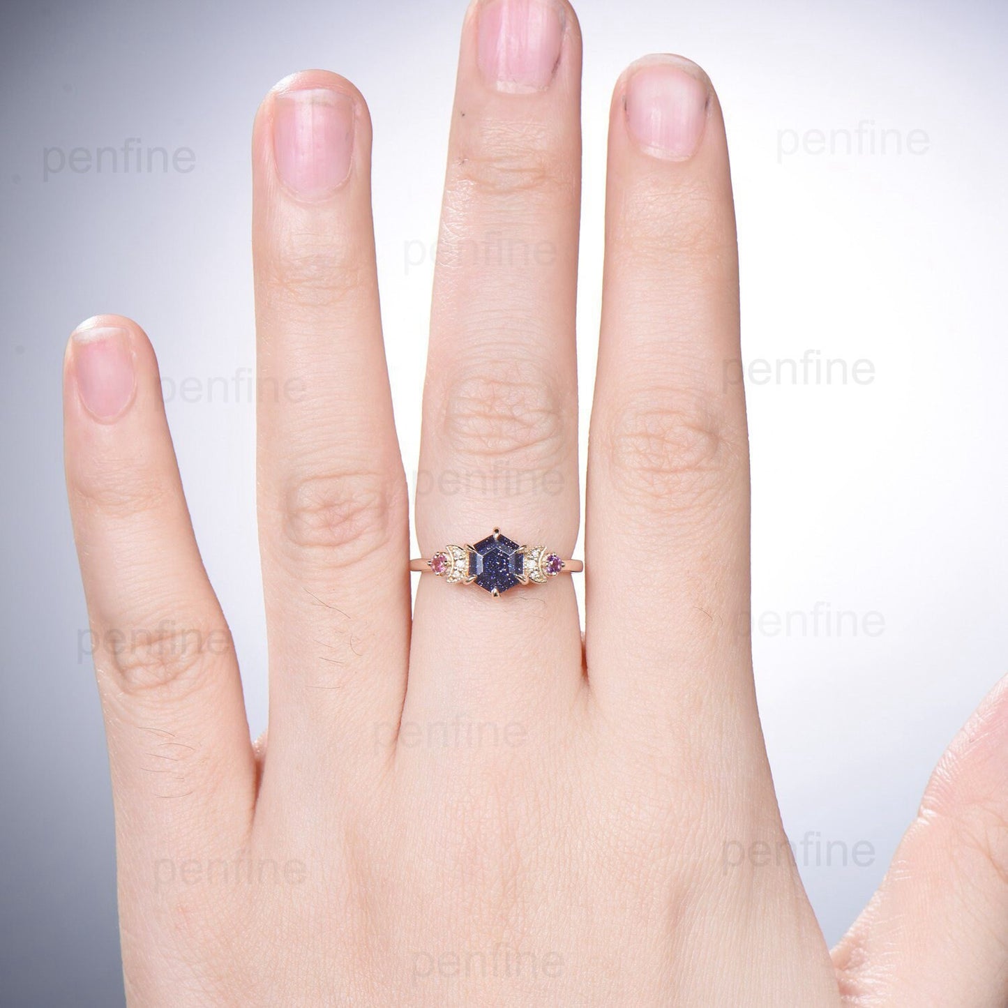 Custom Celestial moon blue sandstone engagement ring Unique tourmaline amethyst wedding ring vintage crescent moon proposal gifts for women - PENFINE