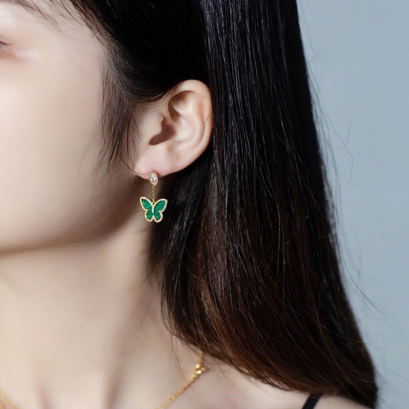 Vintage butterfly malachite earrings Unique yellow gold drop stud earrings dainty green agate anniversary gift for women - PENFINE