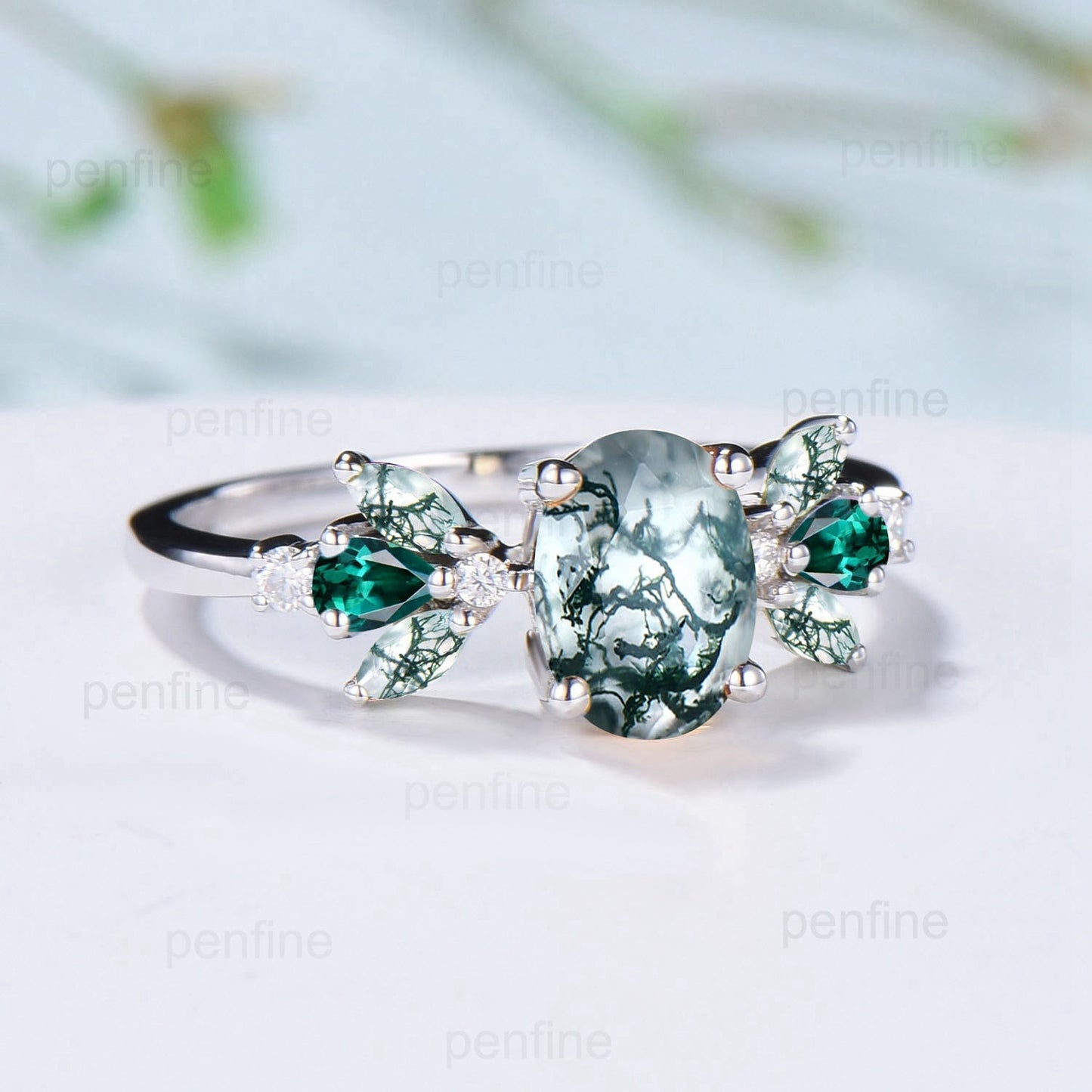 Unique Oval Moss Agate Engagement Rings Multi-Stone Rings Marquise Cut Aquatic Agate Wedding Ring Emerald Anniversary Ring Vintage Jewelry - PENFINE