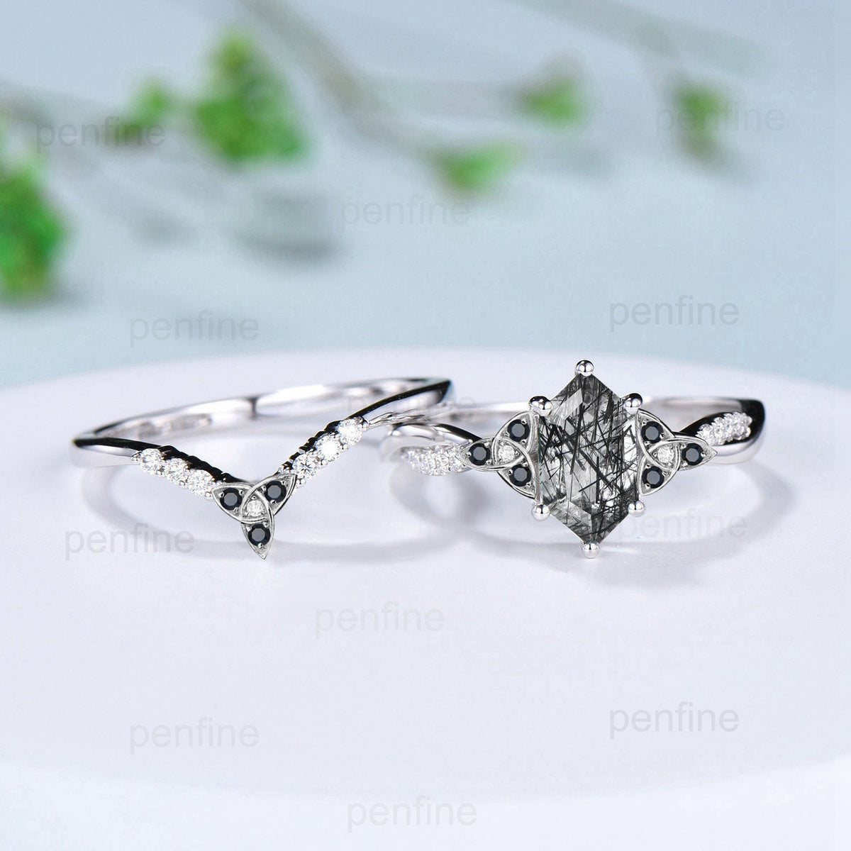 Elongated Hexagon black rutilated quartz ring set Vintage black stone engagement ring Norse Viking moissanite wedding ring Spinel bridal set - PENFINE