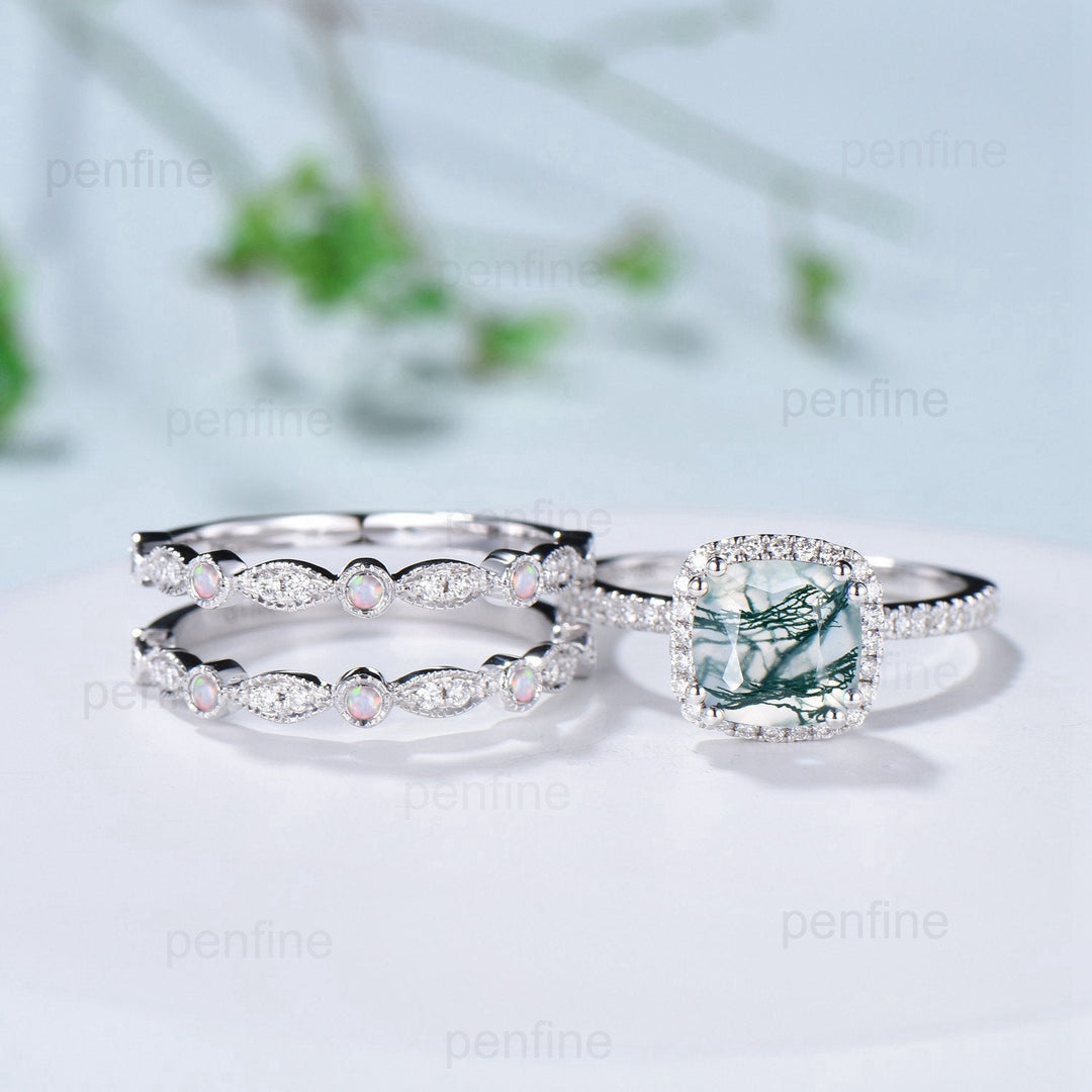 Vintage cushion cut moss agate wedding ring set 14k/18k white gold retro halo diamond agate engagement ring Double enhancer opal bridal set - PENFINE
