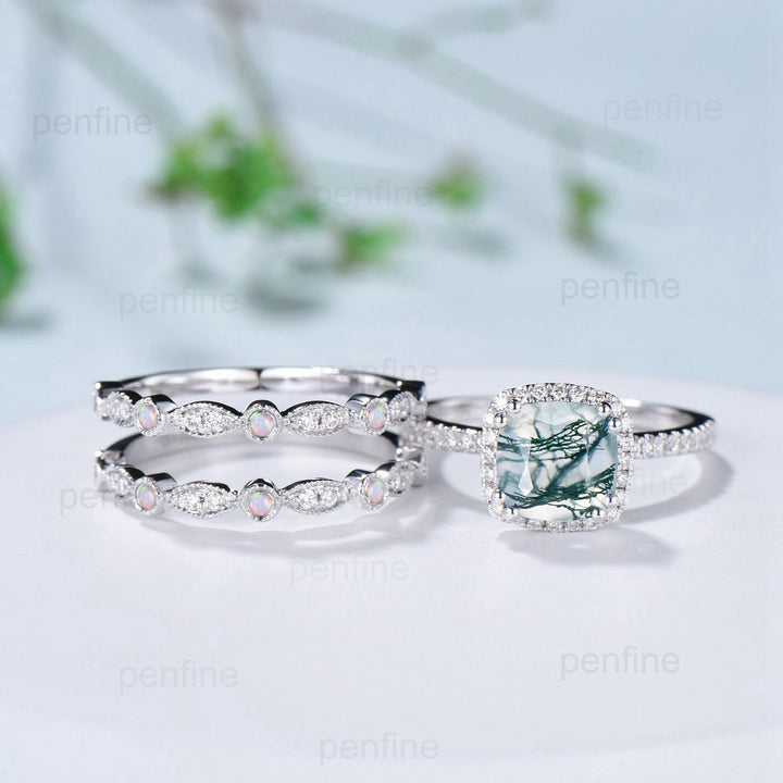 Vintage cushion cut moss agate wedding ring set 14k/18k white gold retro halo diamond agate engagement ring Double enhancer opal bridal set - PENFINE
