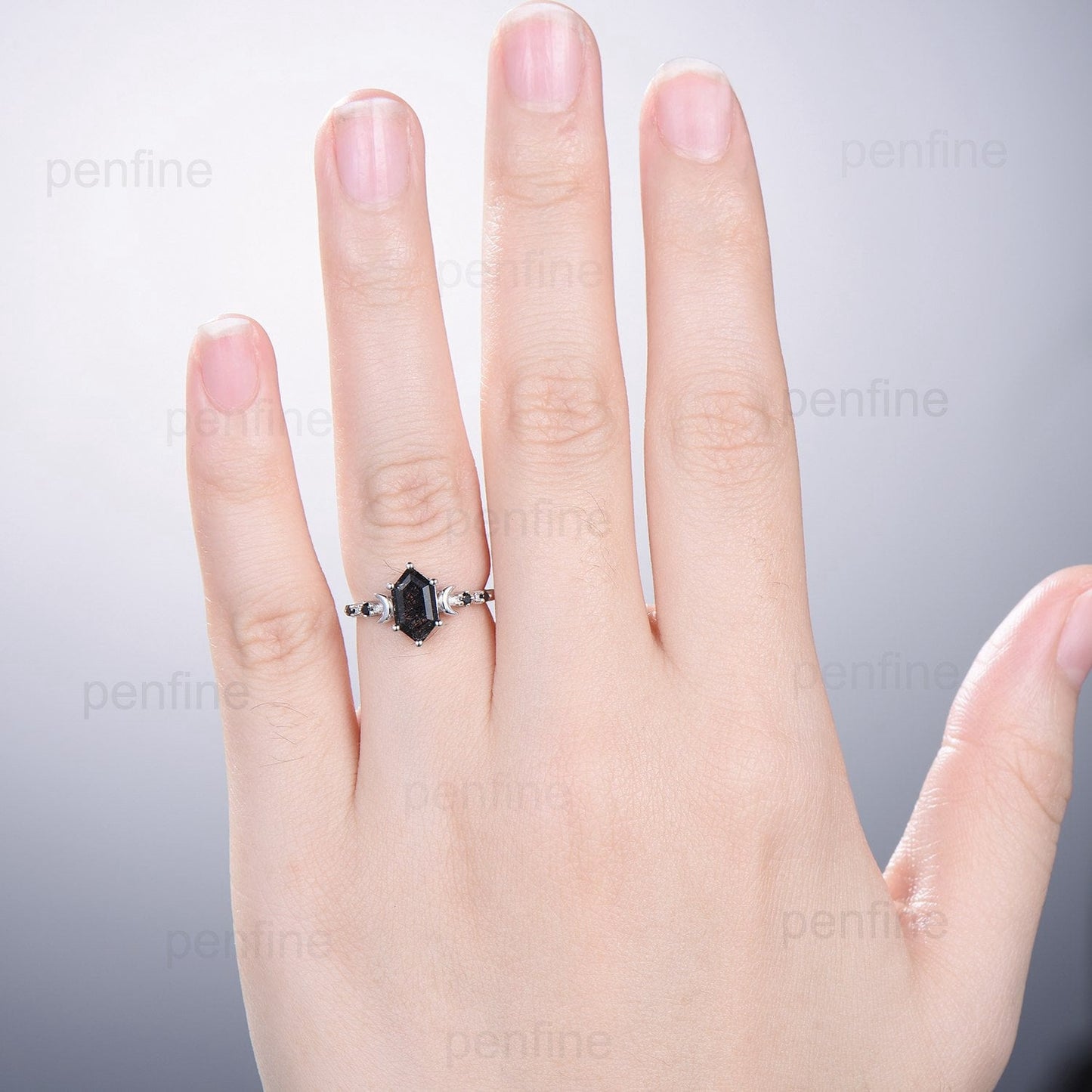 Crescent Moon Black Rutilated Quartz Engagement Ring Set Unique Long Hexagon Black Crystal Wedding Ring Spinel Stacking Anniversary Ring - PENFINE