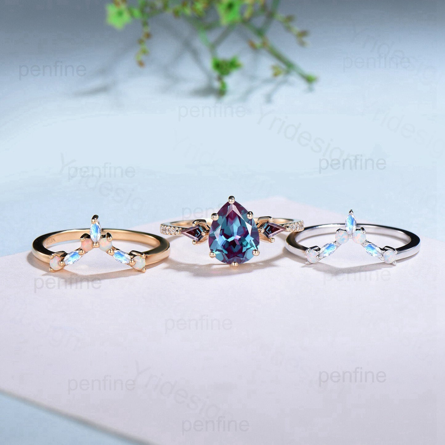 Vintage Pear Shaped Alexandrite Engagement Ring Set Retro Opal Moonstone Stacking Wedding ring Set Cute Art Deco Unique Bridal Set For Women - PENFINE
