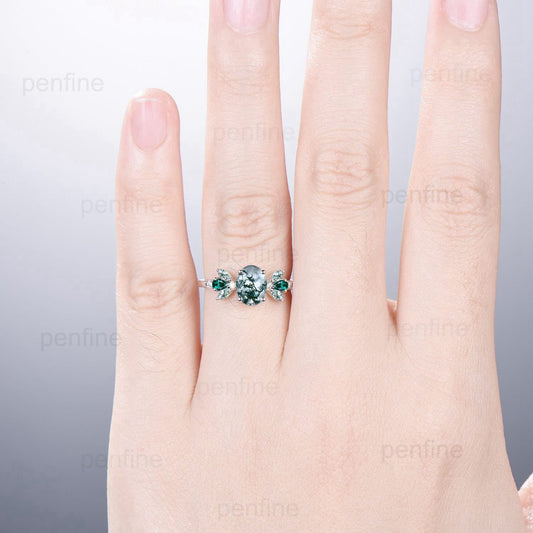 Unique Oval Moss Agate Engagement Rings Multi-Stone Rings Marquise Cut Aquatic Agate Wedding Ring Emerald Anniversary Ring Vintage Jewelry - PENFINE