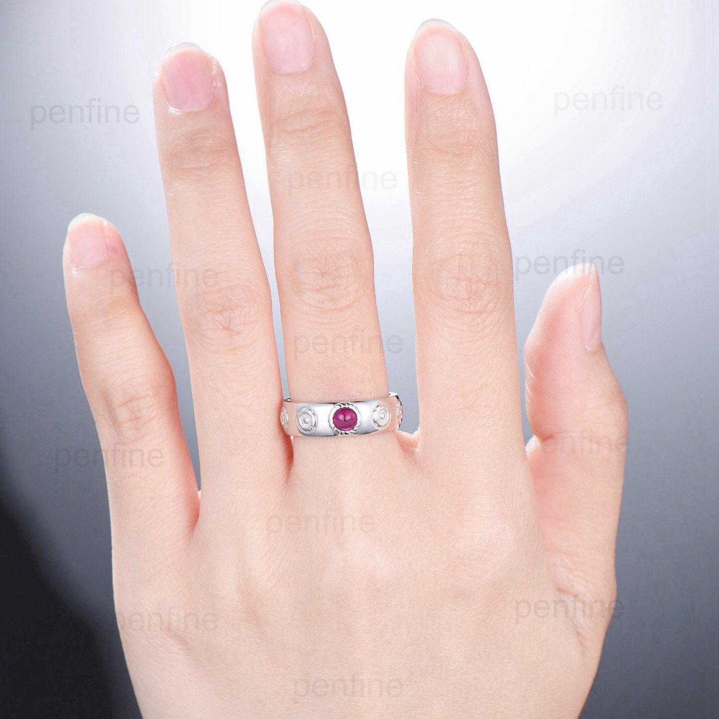 Howls Moving Castle Men's Ring 4mm Round Natural Ruby Wedding Band Silver White Gold Howl's Ring Sophie's Ring Stacking Matching Band Gift - PENFINE