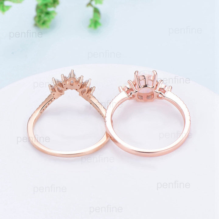 Fire opal engagement ring Set oval cut white opal wedding set three stone crown moissanite stacking band art deco engagement ring rose gold - PENFINE