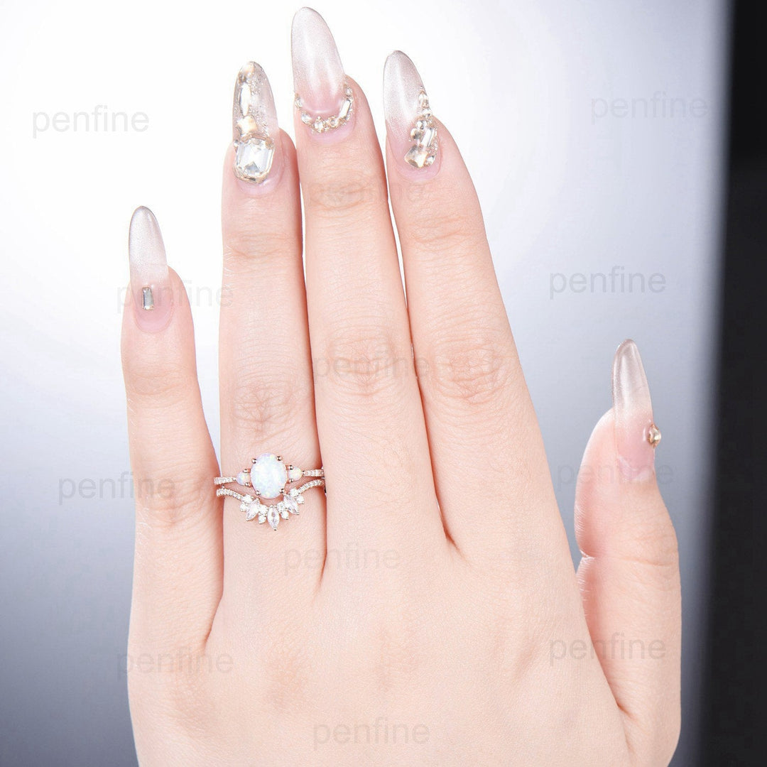 Fire opal engagement ring Set oval cut white opal wedding set three stone crown moissanite stacking band art deco engagement ring rose gold - PENFINE