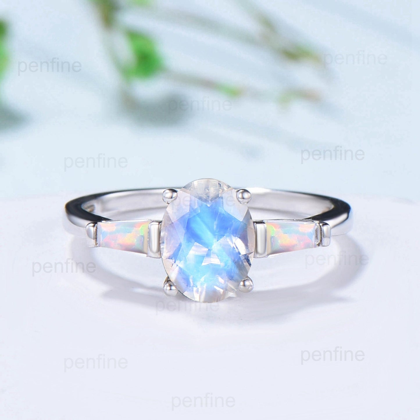 Vintage rainbow blue moonstone ring set three stone opal engagement ring unique baguette alexandrite wedding set for women June Birthstone - PENFINE
