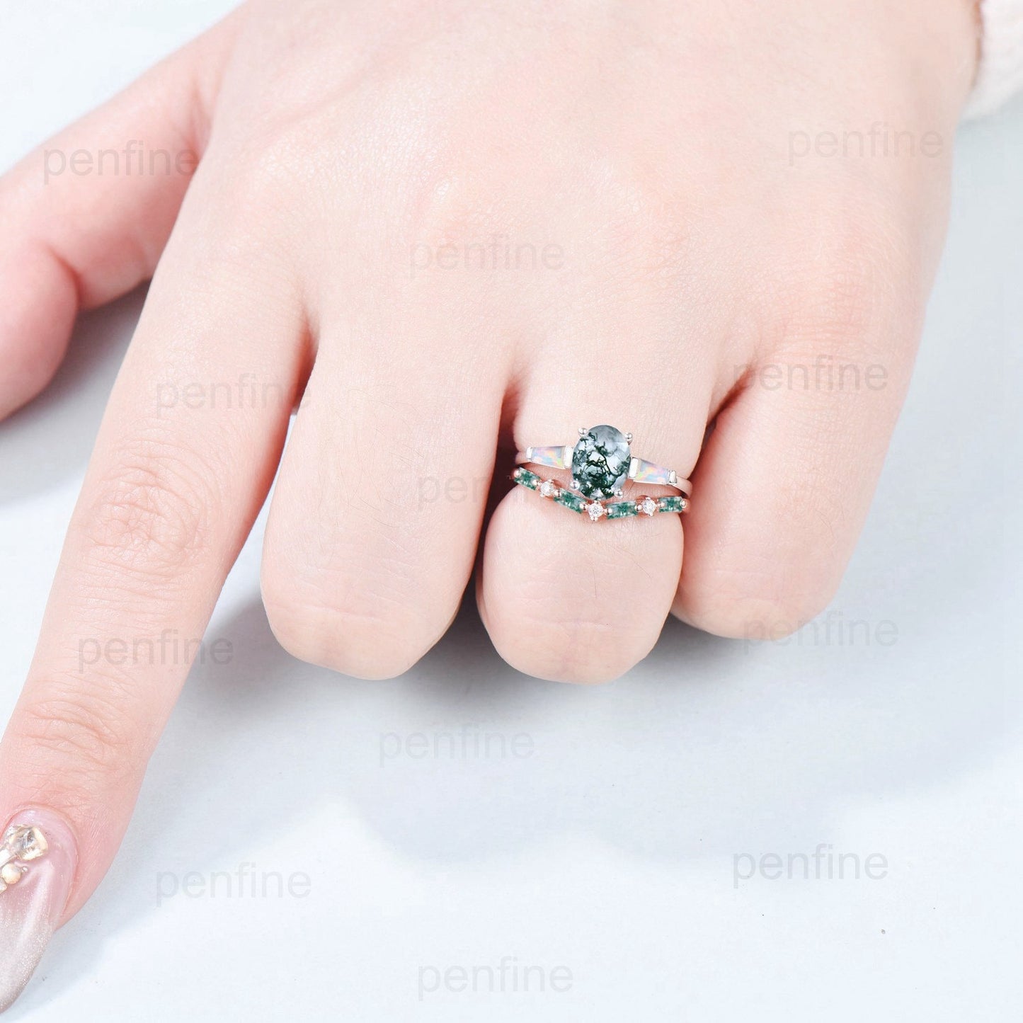 Vintage oval moss agate engagement ring set Unique rose gold opal wedding set baguette green agate stacking ring bridal promise gift for her - PENFINE