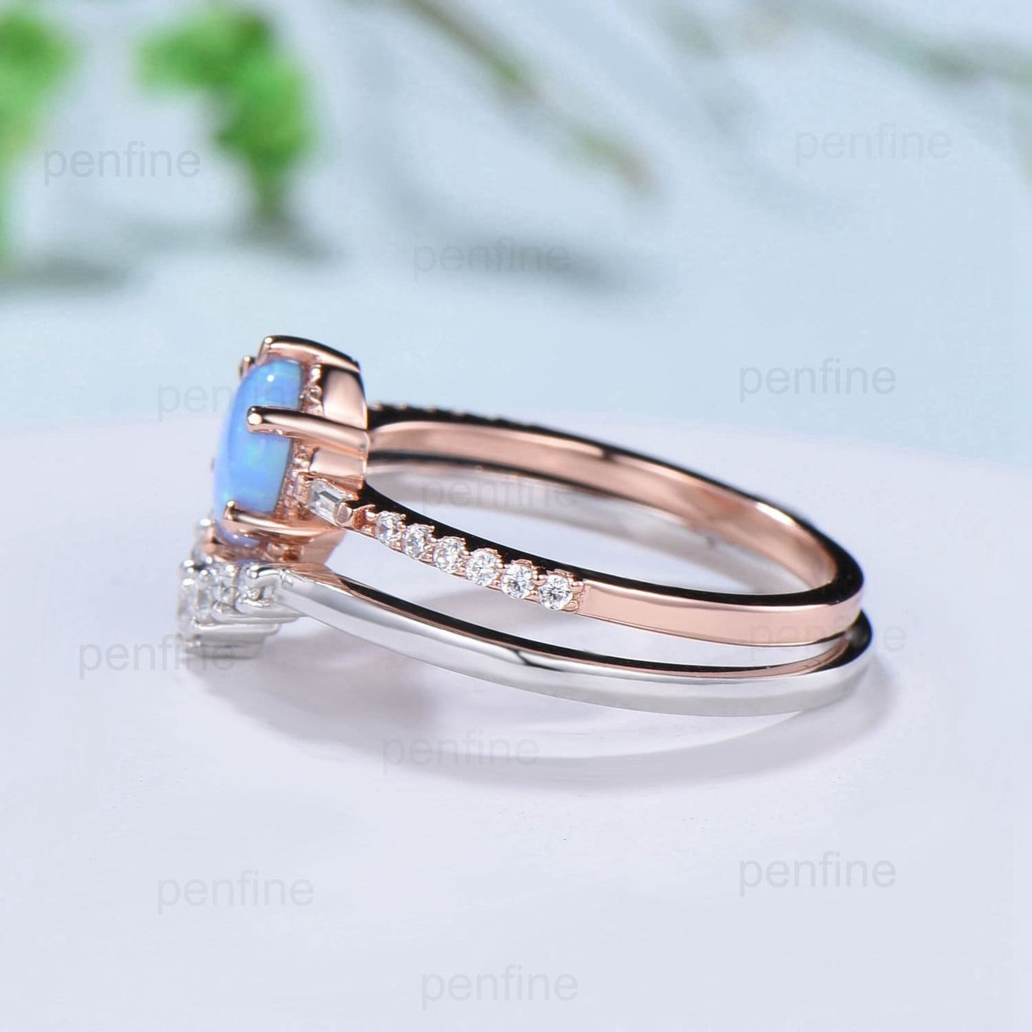 Vintage Round Blue Opal Ring Set Silver Rose Gold Black Opal Flower Moissanite Diamond Wedding Ring Unique Handmade Proposal Gifts for Women - PENFINE
