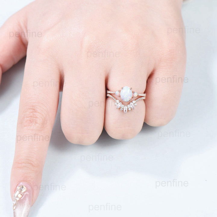 Fire opal engagement ring Set oval cut white opal wedding set three stone crown moissanite stacking band art deco engagement ring rose gold - PENFINE
