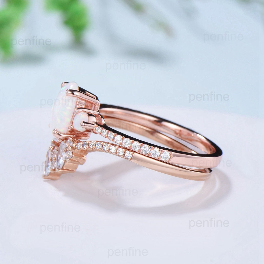 Fire opal engagement ring Set oval cut white opal wedding set three stone crown moissanite stacking band art deco engagement ring rose gold - PENFINE