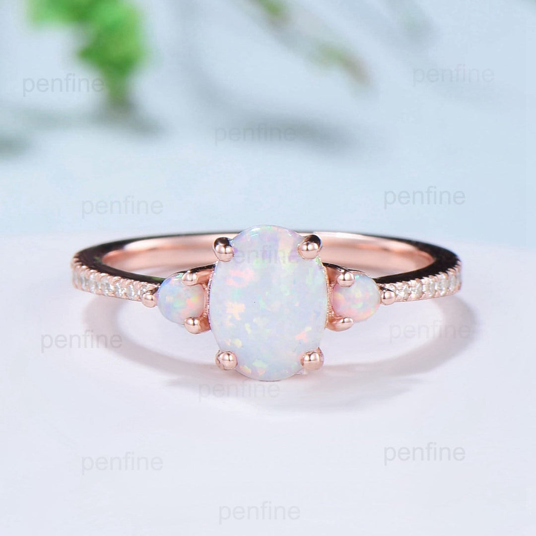 Fire opal engagement ring Set oval cut white opal wedding set three stone crown moissanite stacking band art deco engagement ring rose gold - PENFINE