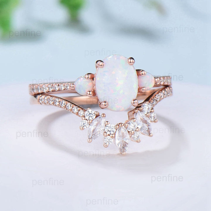 Fire opal engagement ring Set oval cut white opal wedding set three stone crown moissanite stacking band art deco engagement ring rose gold - PENFINE