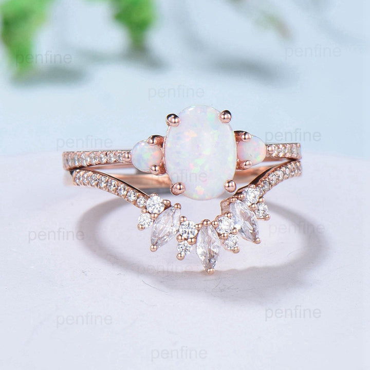 Fire opal engagement ring Set oval cut white opal wedding set three stone crown moissanite stacking band art deco engagement ring rose gold - PENFINE