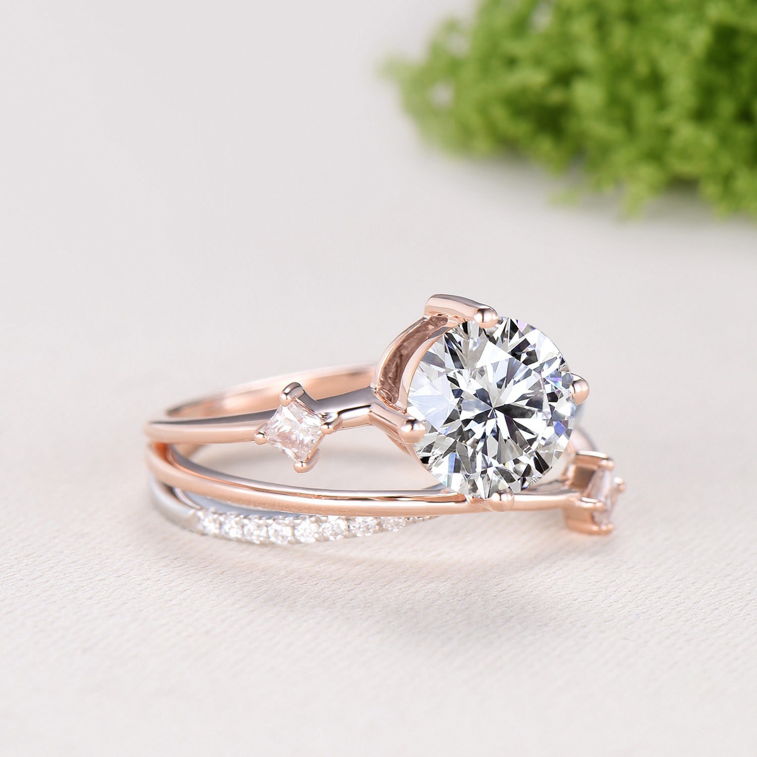 Unique Two Tone Moissanite Engagement Ring 7mm Round Cut Split Shank Rose White Gold Wedding Ring Twisted Diamond Band Anniversary Gift