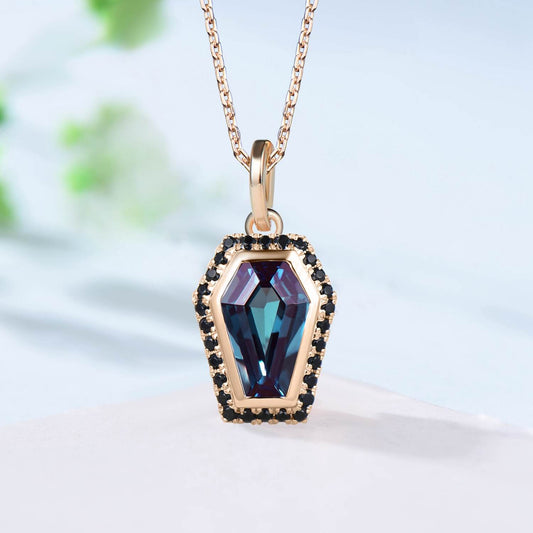 Vintage Coffin alexandrite pendant necklace solid 14k 18k rose gold antique halo diamond Personalized black diamond anniversary gift women - PENFINE