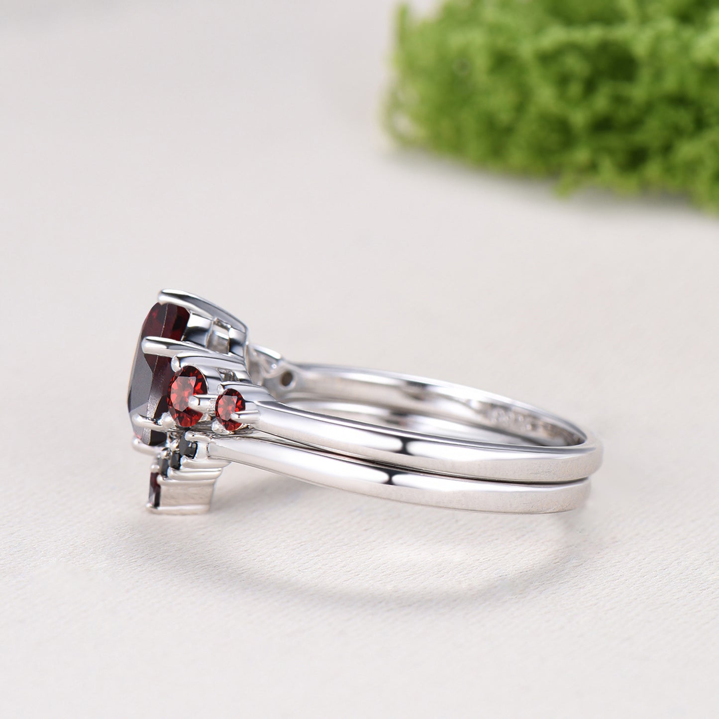 Natural Garnet Engagement Ring, Round Cut January Birthstone Five Stone Wedding Band, Black Spinel Bridal Set