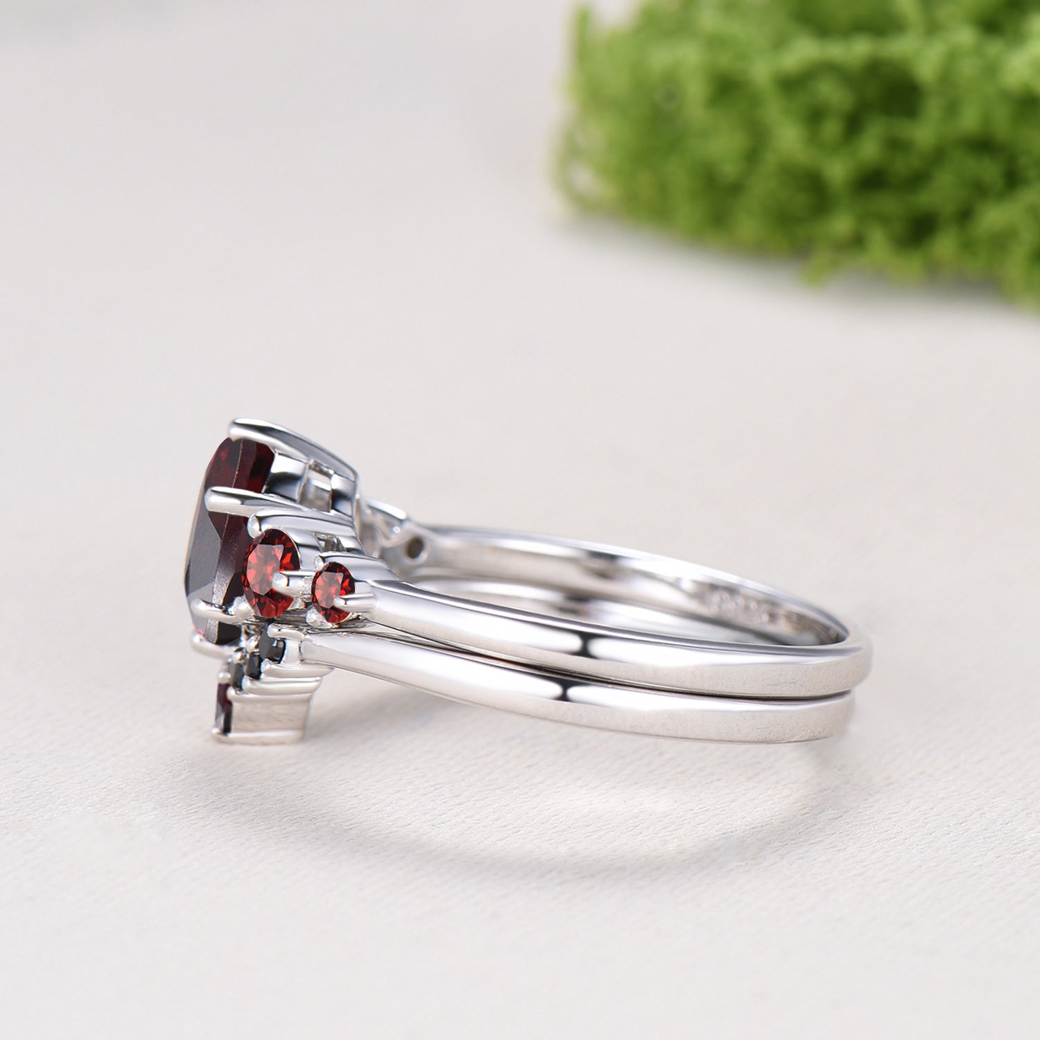 Natural Garnet Engagement Ring, Round Cut January Birthstone Five Stone Wedding Band, Black Spinel Bridal Set