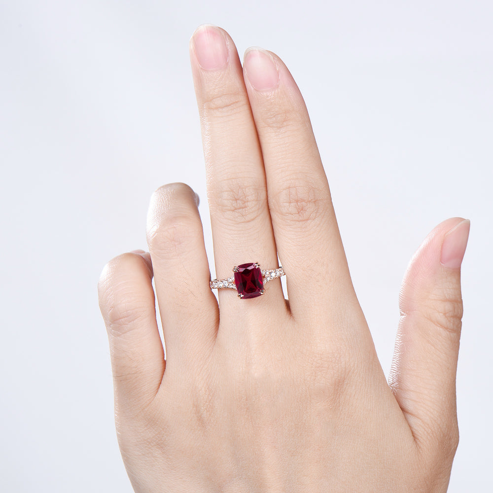 Cushion Ruby Engagement Ring, 14K Rose Gold Pave Diamond Split Shank, 8-Prong Anniversary Ring - PENFINE