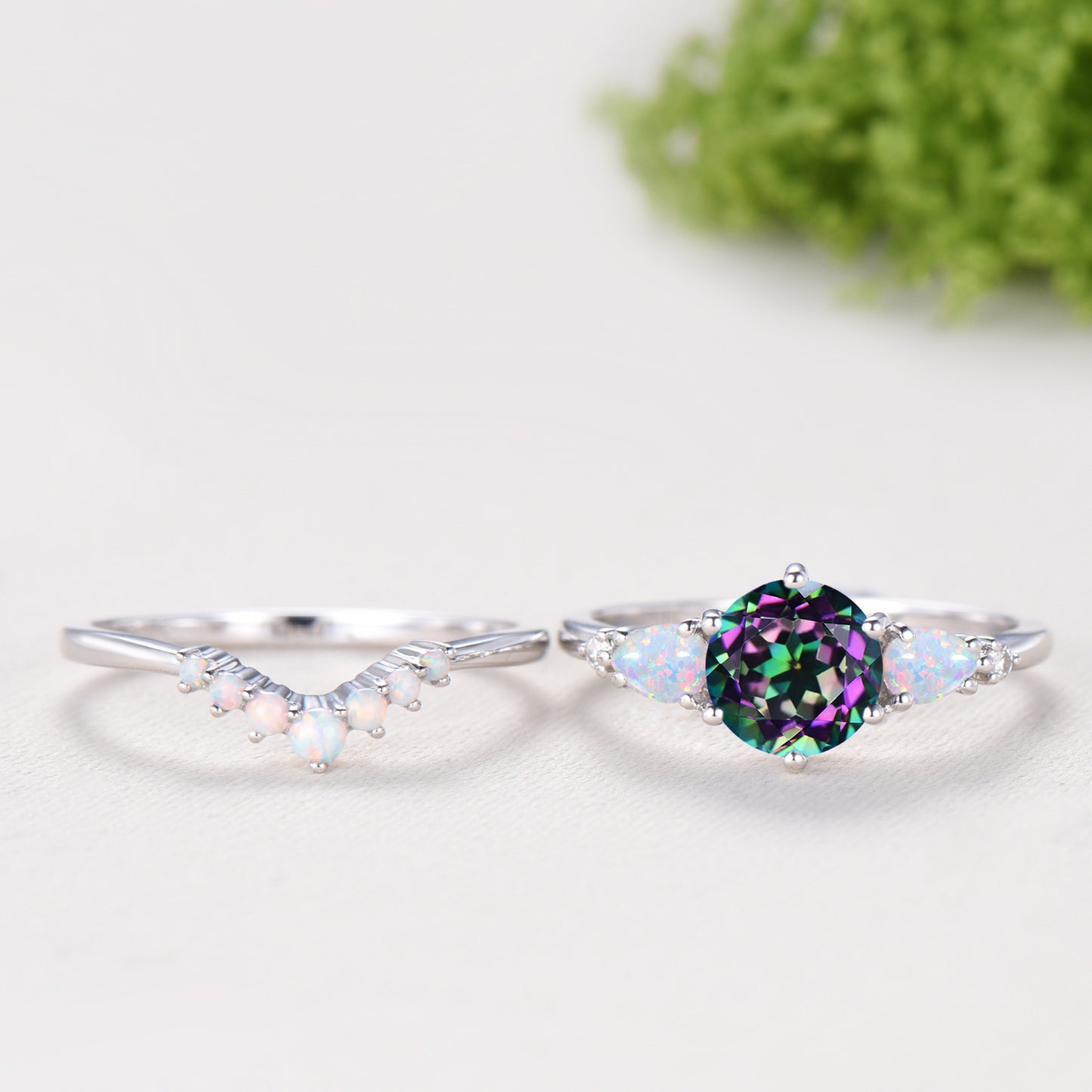 Vintage Mystic Topaz Engagement Ring Set, Five Stone Teardrop Fire White Opal Wedding Bridal Set