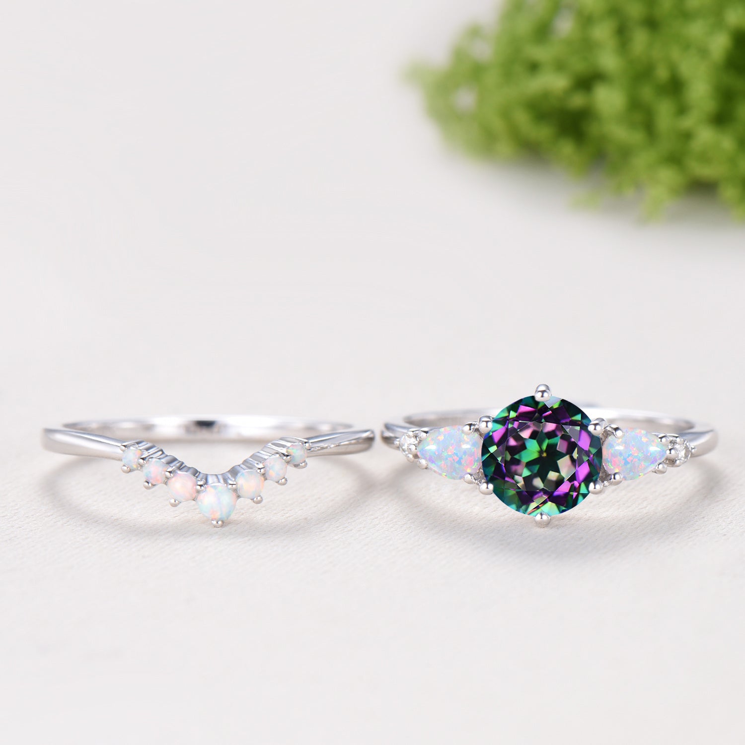 Vintage Mystic Topaz Engagement Ring Set, Five Stone Teardrop Fire White Opal Wedding Bridal Set