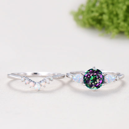 Vintage Mystic Topaz Engagement Ring Set, Five Stone Teardrop Fire White Opal Wedding Bridal Set