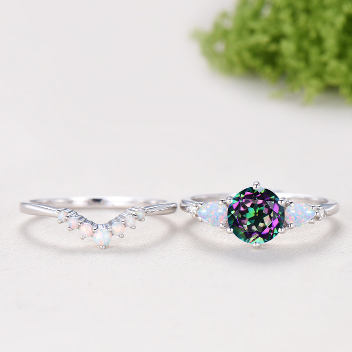 Vintage Mystic Topaz Engagement Ring Set, Five Stone Teardrop Fire White Opal Wedding Bridal Set