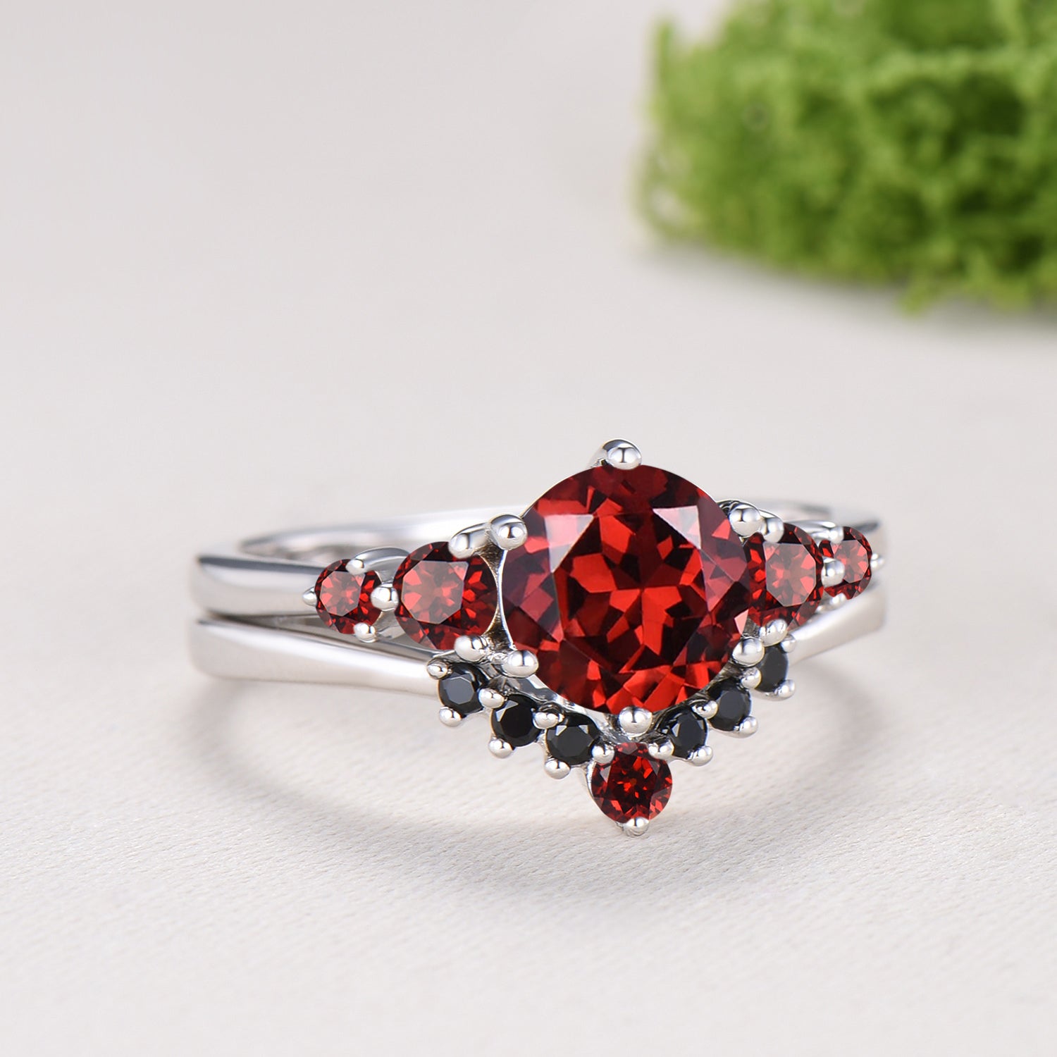 Natural Garnet Engagement Ring, Round Cut January Birthstone Five Stone Wedding Band, Black Spinel Bridal Set