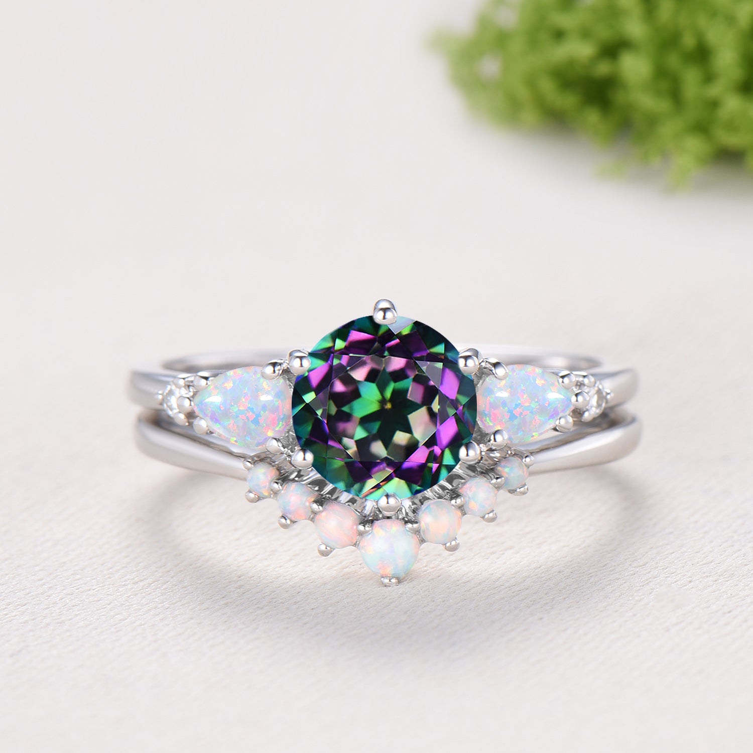 Vintage Mystic Topaz Engagement Ring Set, Five Stone Teardrop Fire White Opal Wedding Bridal Set