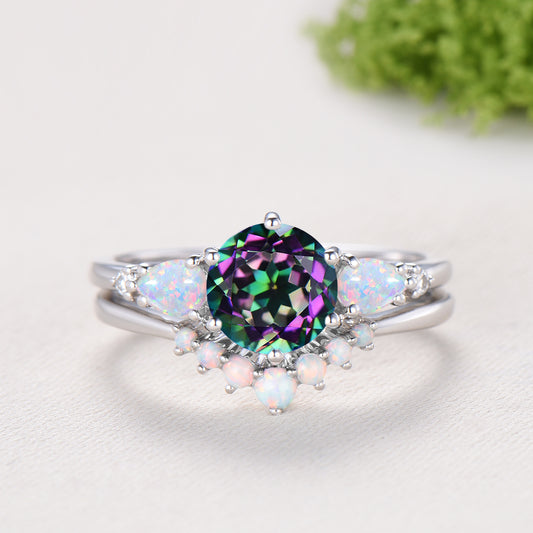 Vintage Mystic Topaz Engagement Ring Set, Five Stone Teardrop Fire White Opal Wedding Bridal Set
