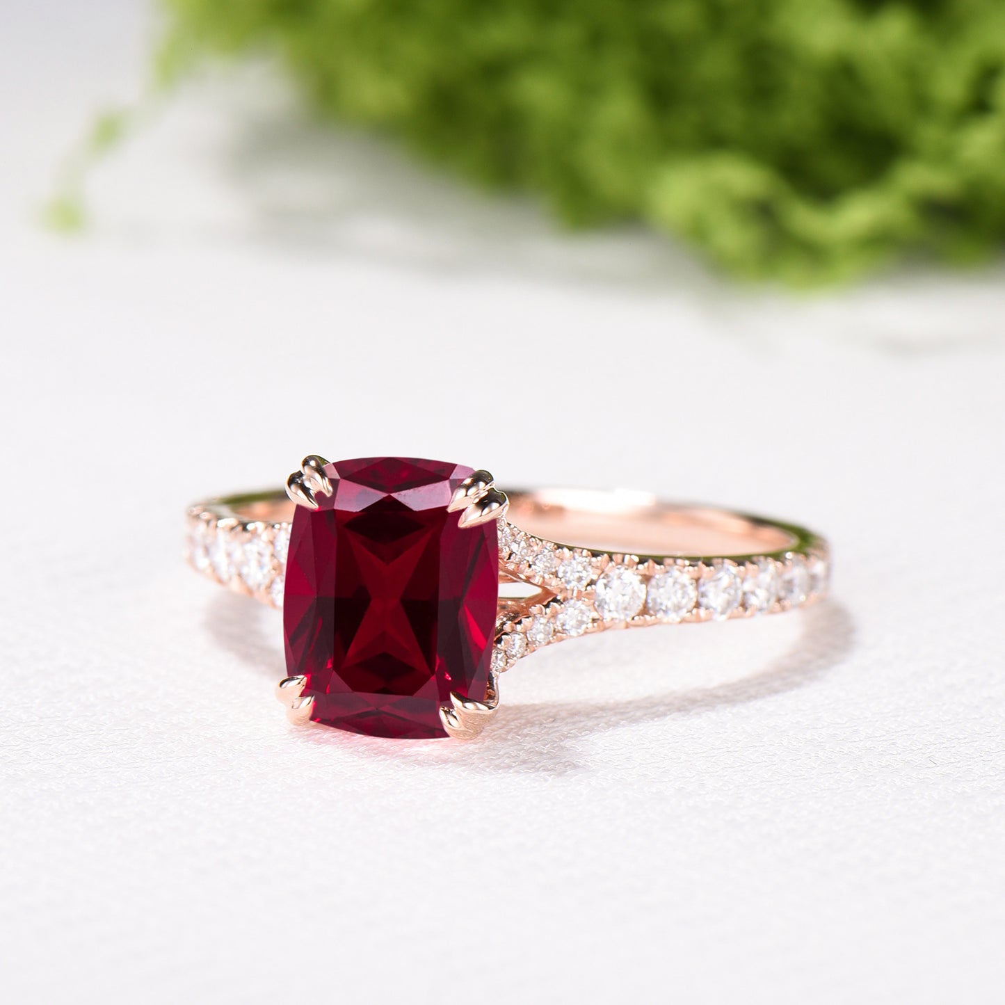 Cushion Ruby Engagement Ring, 14K Rose Gold Pave Diamond Split Shank, 8-Prong Anniversary Ring - PENFINE