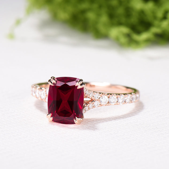 Cushion Ruby Engagement Ring, 14K Rose Gold Pave Diamond Split Shank, 8-Prong Anniversary Ring - PENFINE