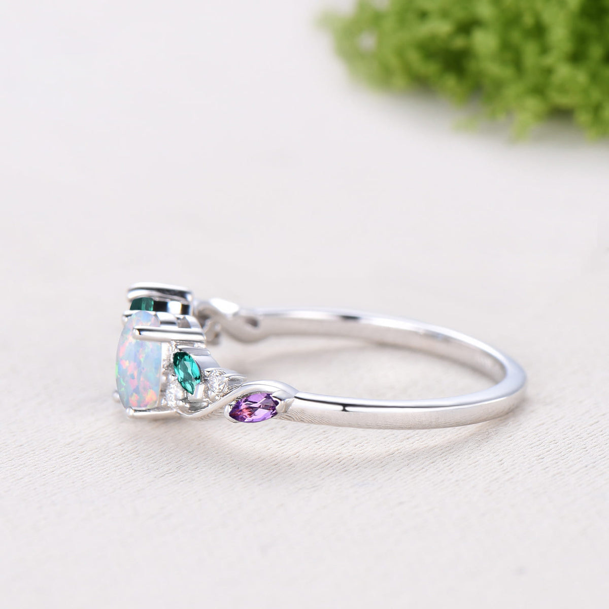 Unique Pear Cut Emerald Oval Cut Opal Toi et Moi Ring,Amethyst Moissanite Cluster Engagement Ring