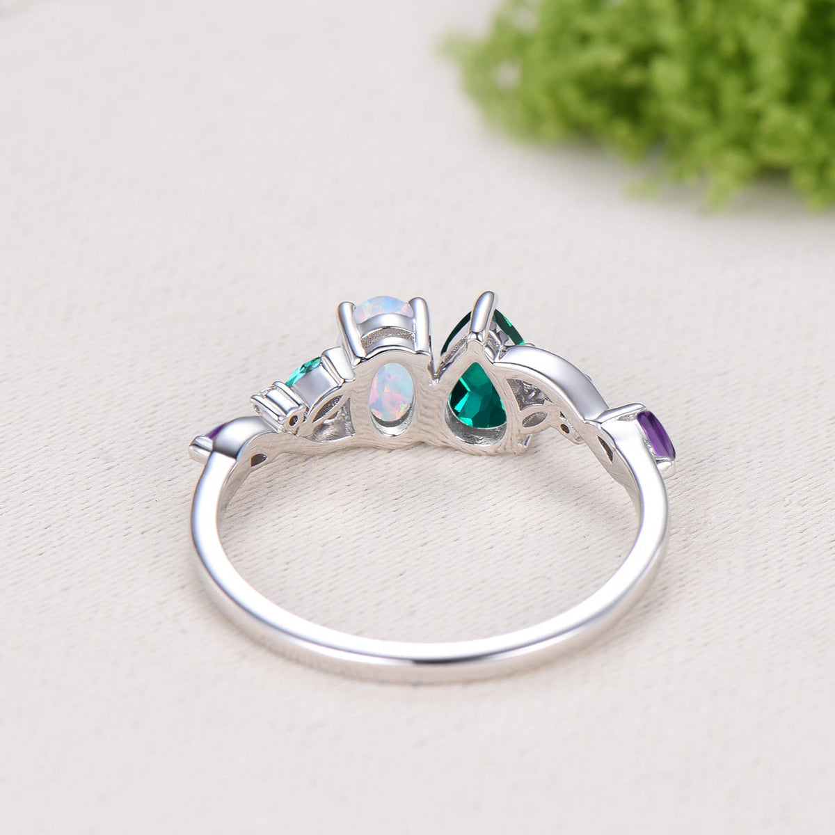 Unique Pear Cut Emerald Oval Cut Opal Toi et Moi Ring,Amethyst Moissanite Cluster Engagement Ring