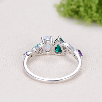 Unique Pear Cut Emerald Oval Cut Opal Toi et Moi Ring,Amethyst Moissanite Cluster Engagement Ring
