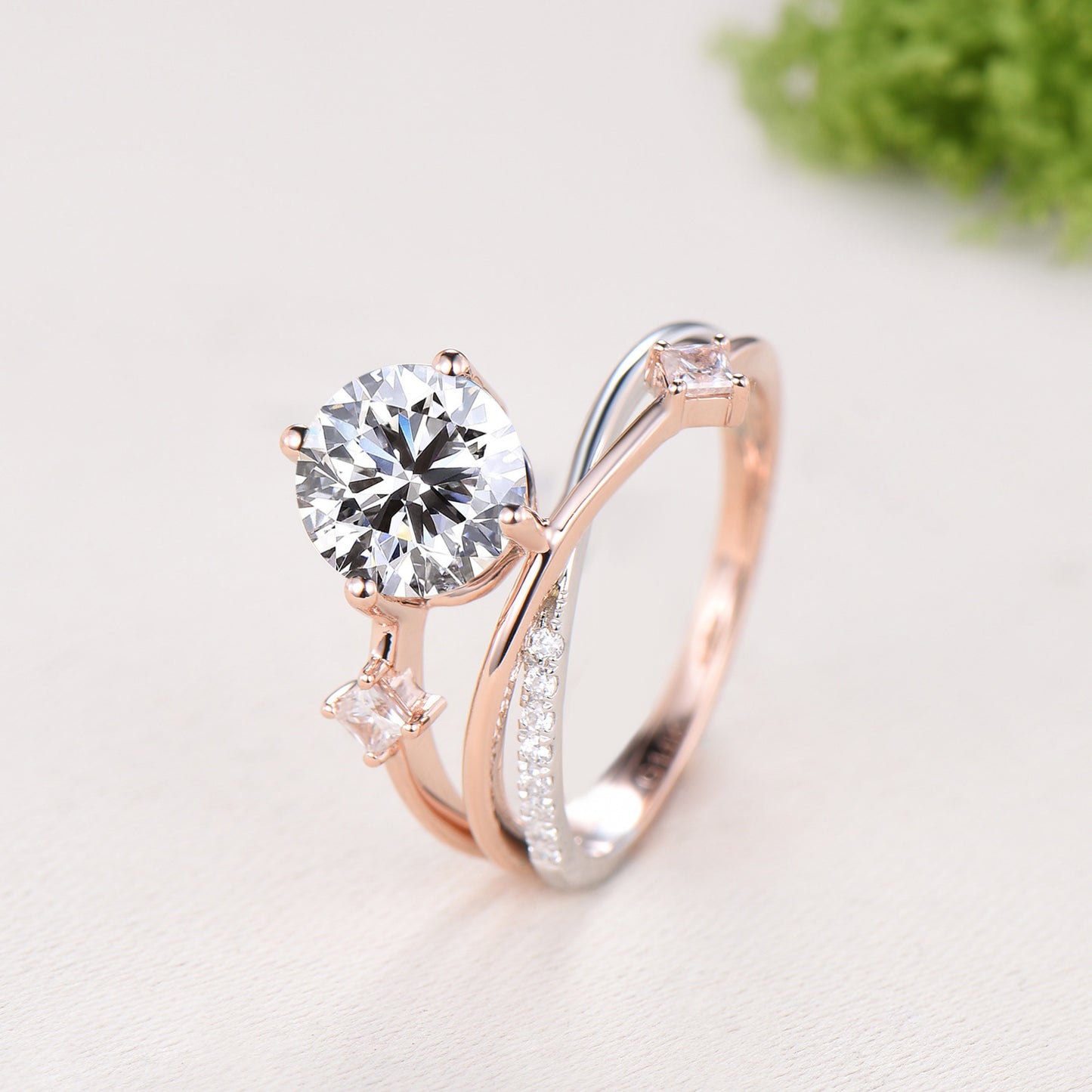 Unique Two Tone Moissanite Engagement Ring 7mm Round Cut Split Shank Rose White Gold Wedding Ring Twisted Diamond Band Anniversary Gift