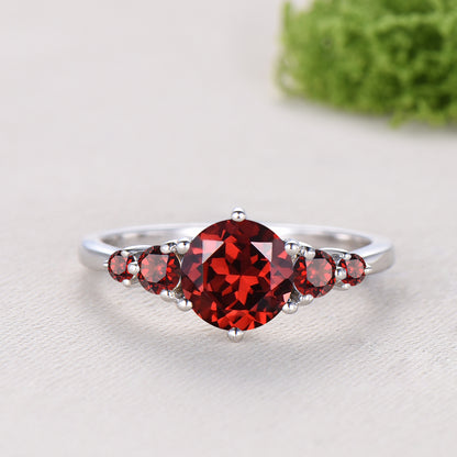 Natural Garnet Engagement Ring, Round Cut January Birthstone Five Stone Wedding Band, Black Spinel Bridal Set