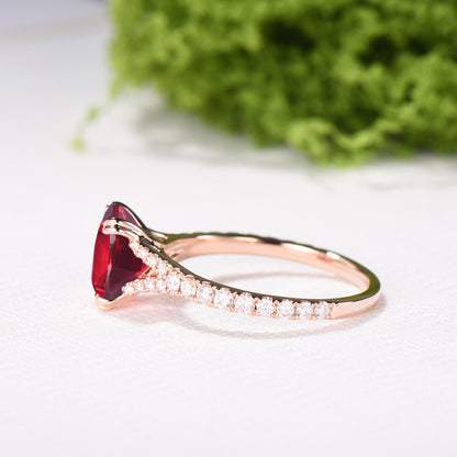 Cushion Ruby Engagement Ring, 14K Rose Gold Pave Diamond Split Shank, 8-Prong Anniversary Ring - PENFINE