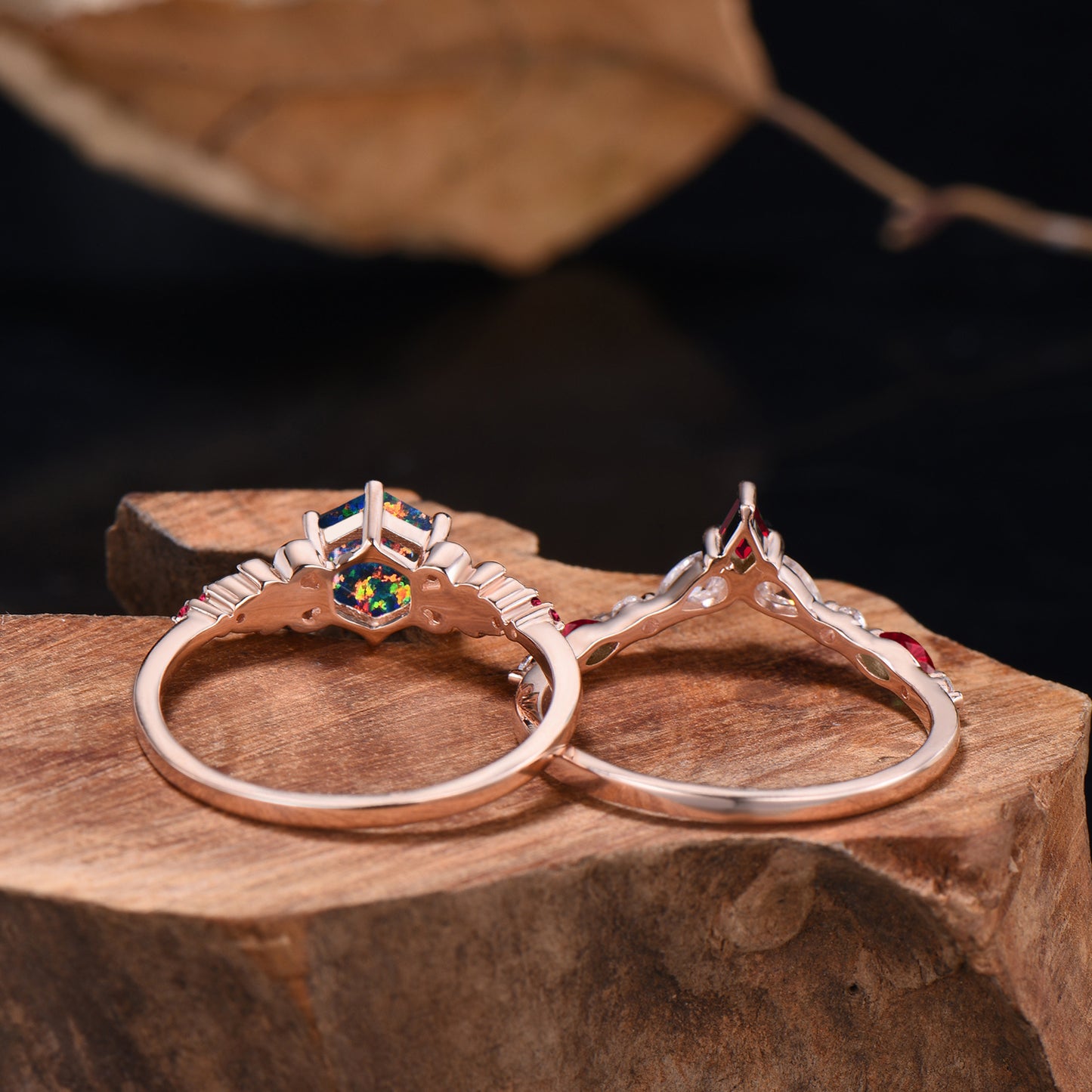 Nature Inspired Balck Fire Opal Engagement Ring Set Flower Leaf Vine Moissanite Wedding Set - PENFINE