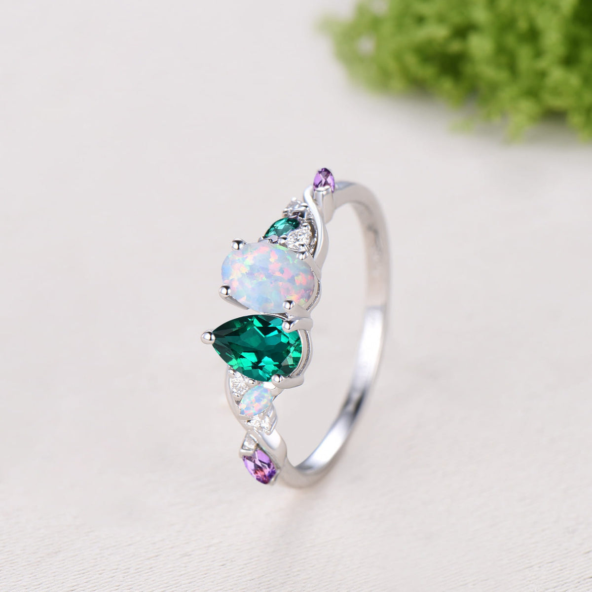 Unique Pear Cut Emerald Oval Cut Opal Toi et Moi Ring,Amethyst Moissanite Cluster Engagement Ring