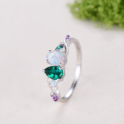 Unique Pear Cut Emerald Oval Cut Opal Toi et Moi Ring,Amethyst Moissanite Cluster Engagement Ring