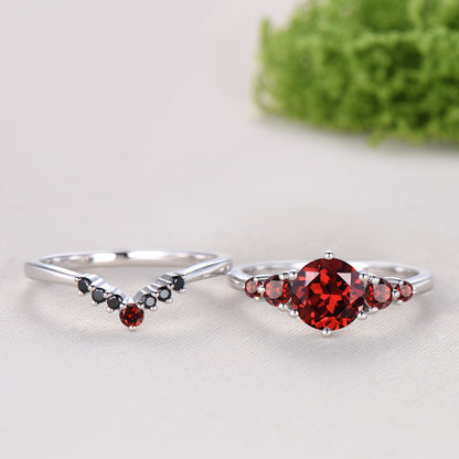 Natural Garnet Engagement Ring, Round Cut January Birthstone Five Stone Wedding Band, Black Spinel Bridal Set