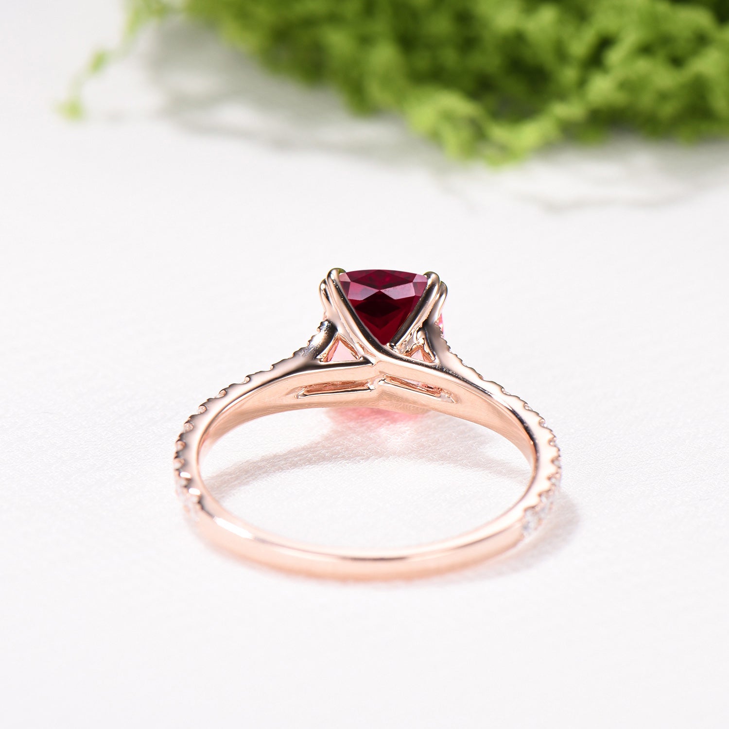 Cushion Ruby Engagement Ring, 14K Rose Gold Pave Diamond Split Shank, 8-Prong Anniversary Ring - PENFINE