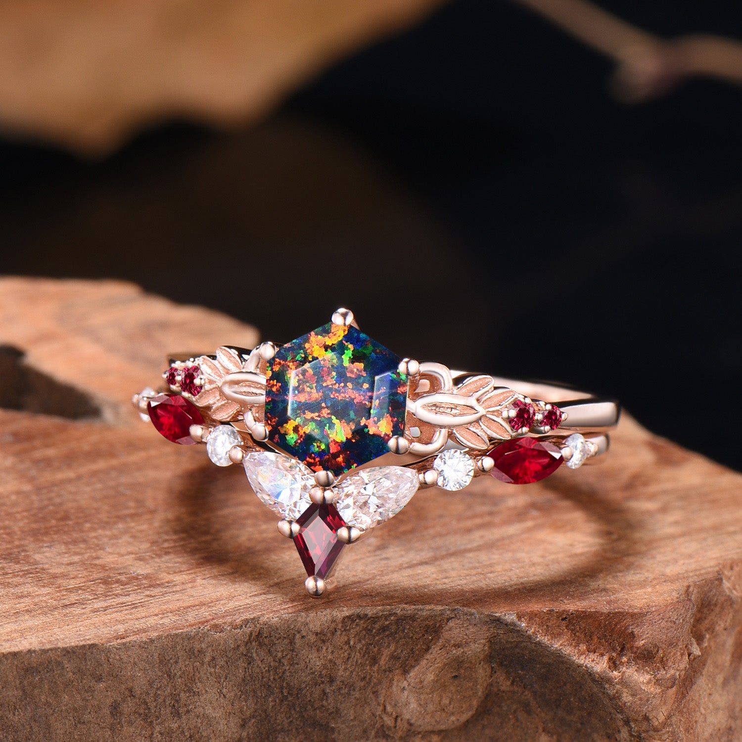 Nature Inspired Balck Fire Opal Engagement Ring Set Flower Leaf Vine Moissanite Wedding Set - PENFINE